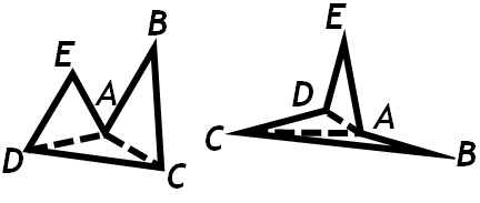 [two variations of pentagon A⁠BCD⁠E, one concave at A, the other concave at A and again concave at D]